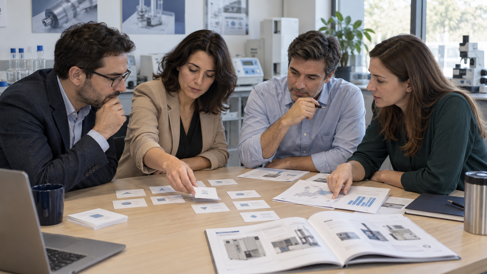 تیمهای فروش و بازاریابی در حال مرور کارت شرکتهای هدف و یادداشت صنعت