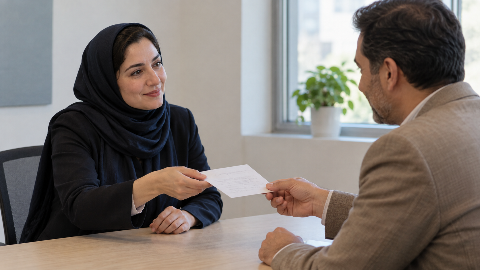 دو همکار در حال ردوبدل کردن یک یادداشت در دیداری کوتاه