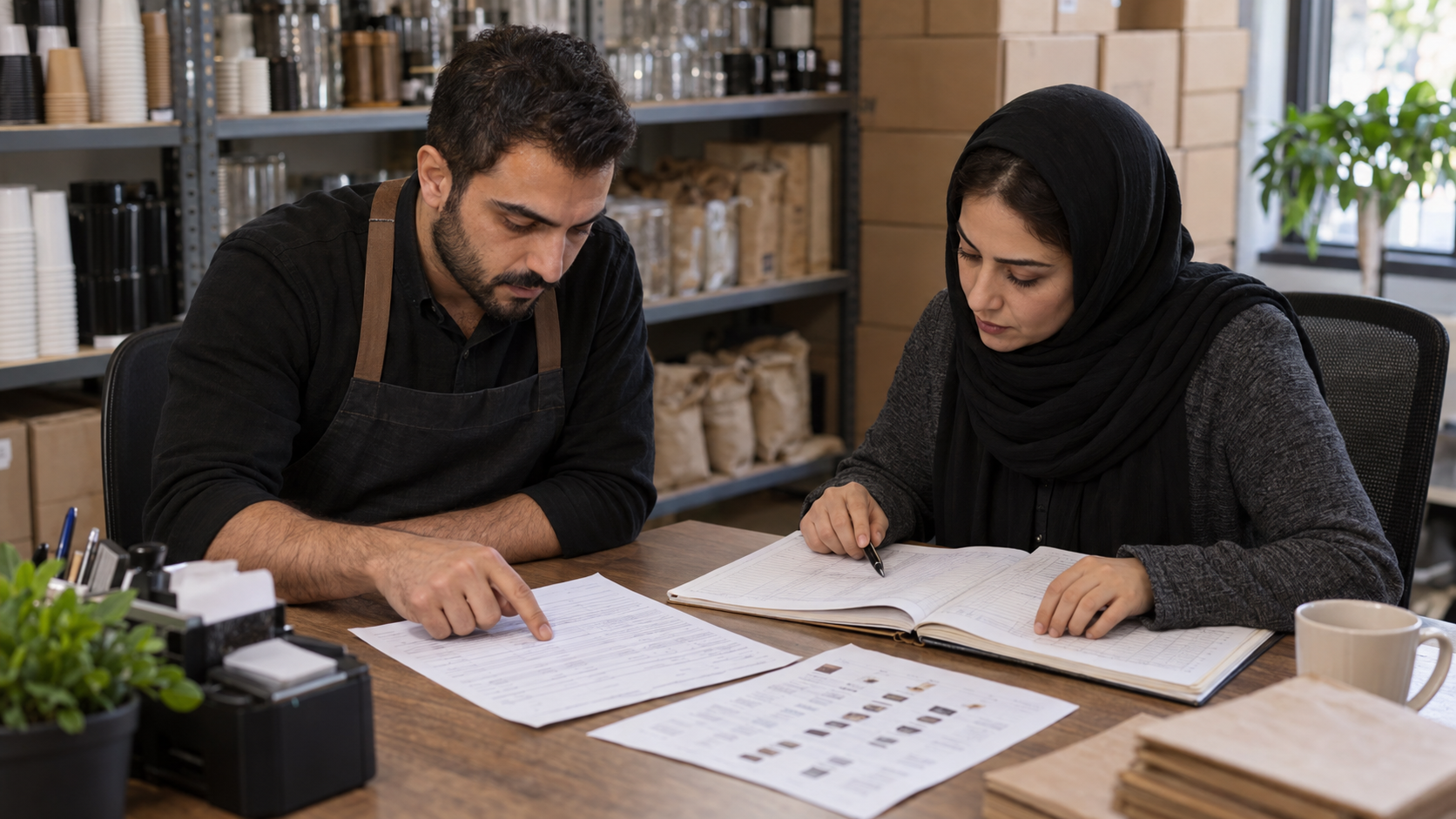 دو همکار، سفارش کاغذی و دفتر مالی را با فهرست کالا تطبیق می‌دهند