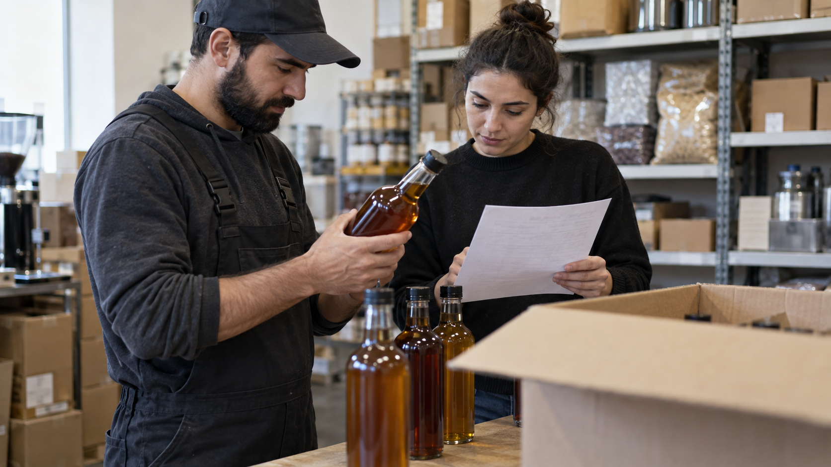 بررسی بطری‌ها و کارتن کالا با برگه تحویل در انبار